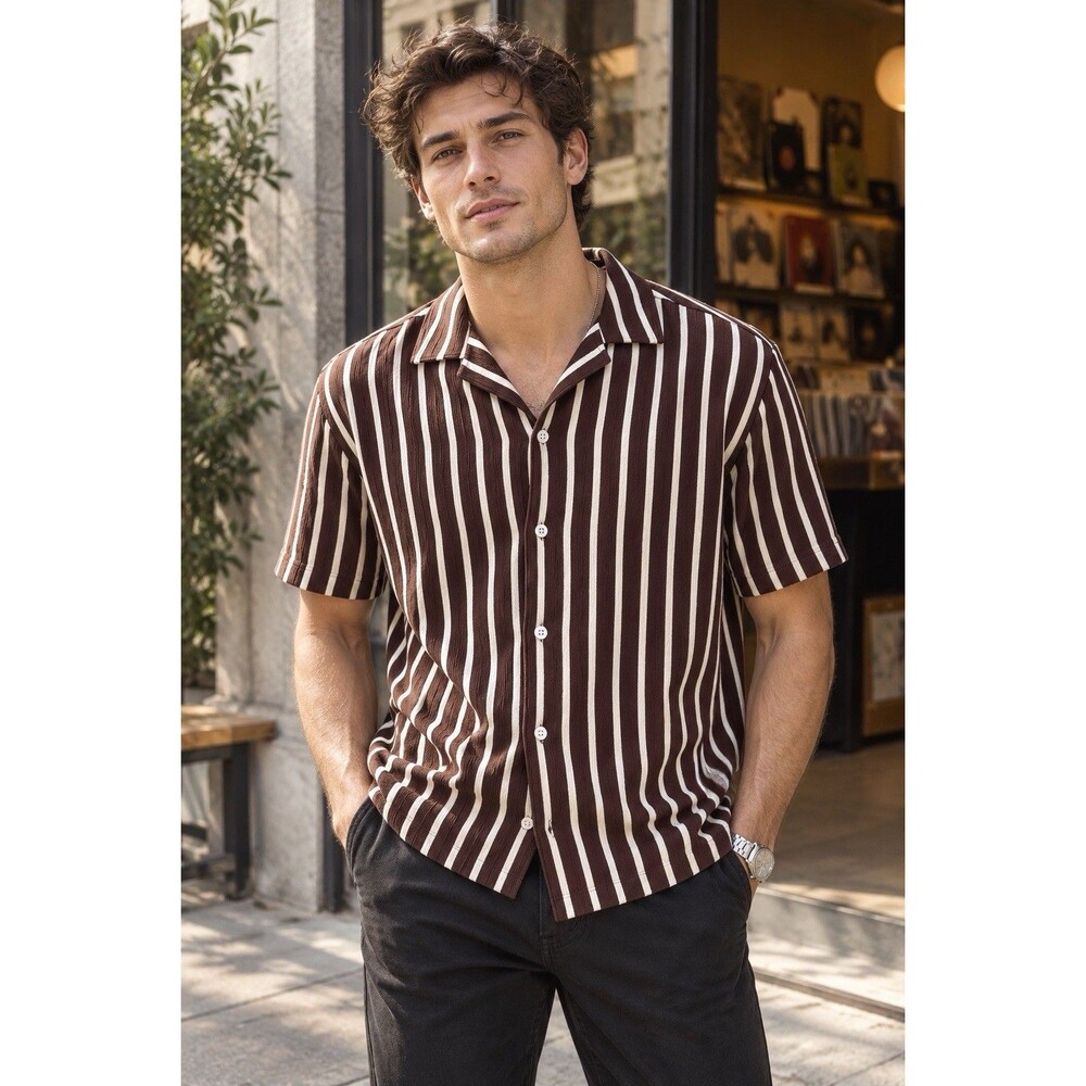 Madewell Camp Shirt Mens XL Brown Stripe Cotton Terry Short Sleeve Resort NZ248